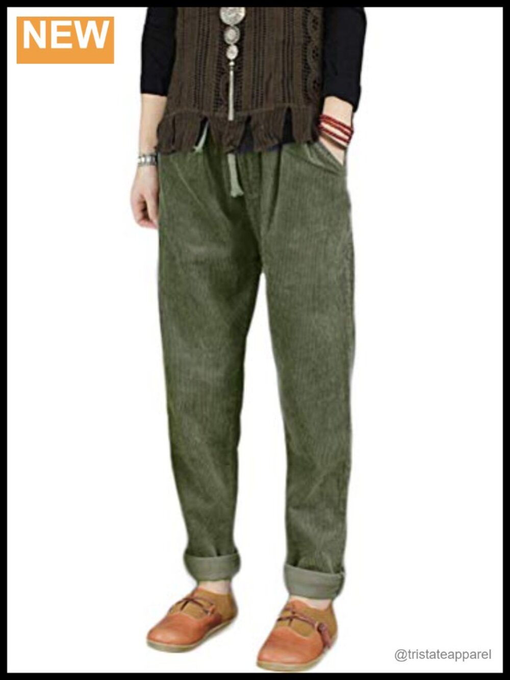 Corduroy Pants Cotton Trousers Drawstring High Rise Relaxed Fit